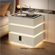 Интелигентно нощно шкафче с умни функции и елегантен дизайн – LED осветление, 3 чекмеджета, безжично зареждане 15W, кодово заключване – БЯЛО