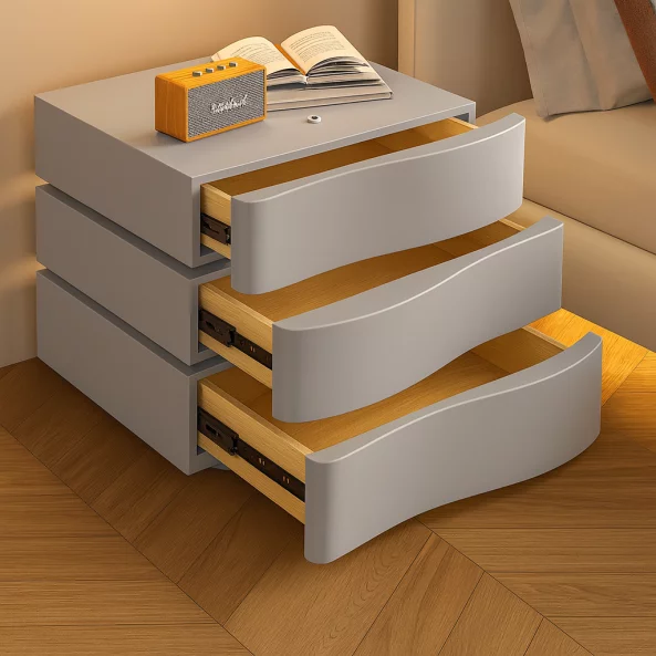 Интелигентно нощно шкафче с LED осветление и 3 чекмеджета – ТЪМНОСИВО