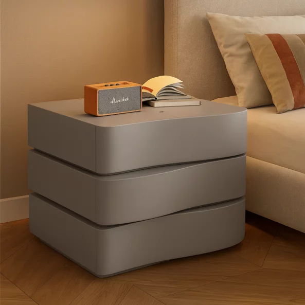 Интелигентно нощно шкафче с LED осветление и 3 чекмеджета – ТЪМНОСИВО