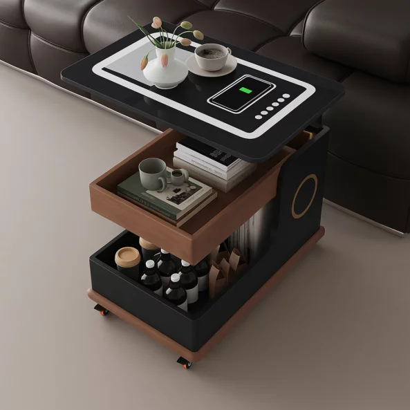 Модерна странична масичка с безжично зареждане, Bluetooth високоговорител и въртящ се плот – ЧЕРЕН