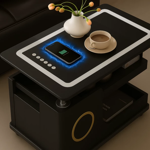 Модерна странична масичка с безжично зареждане, Bluetooth високоговорител и въртящ се плот – ЧЕРЕН