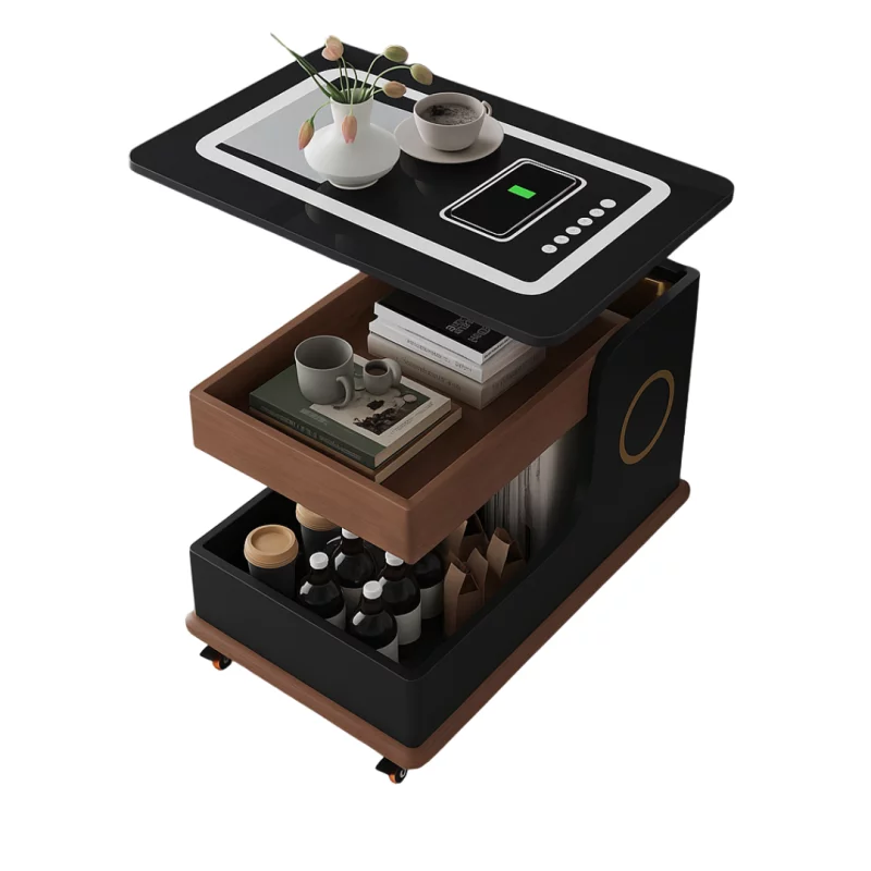 Măsuță laterală modernă cu încărcare wireless, difuzor Bluetooth și blat rotativ-BLACK