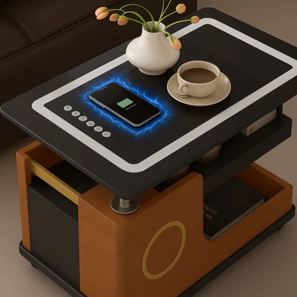 Модерна странична масичка с безжично зареждане, Bluetooth високоговорител и въртящ се плот – ОРЕХ