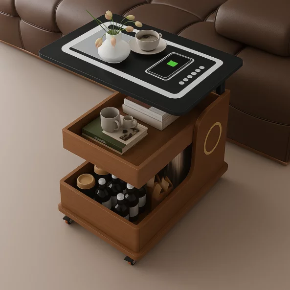 Модерна странична масичка с безжично зареждане, Bluetooth високоговорител и въртящ се плот – ОРЕХ