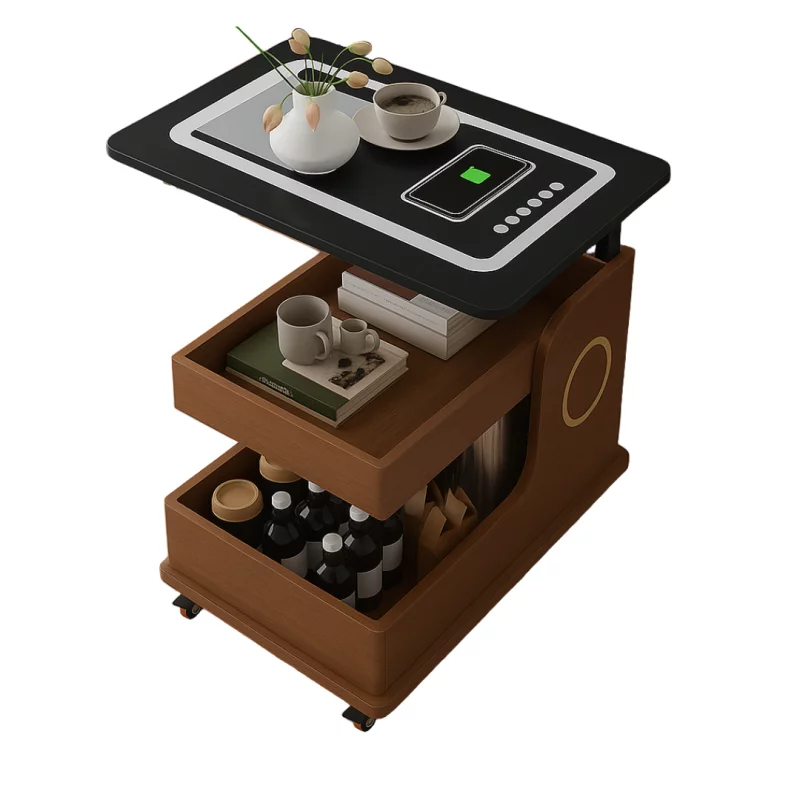 Măsuță laterală modernă cu încărcare wireless, difuzor Bluetooth și blat rotativ-WALNUT