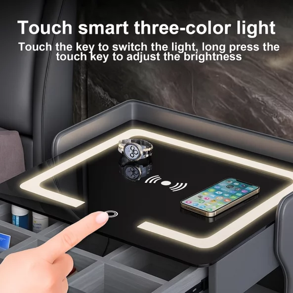 Многофункционална интелигентна нощно шкафче – с безжично зареждане, LED осветление и Bluetooth високоговорител – ТЪМНОСИВО