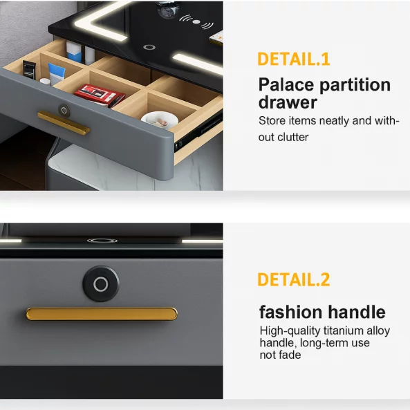 Многофункционална интелигентна нощно шкафче – с безжично зареждане, LED осветление и Bluetooth високоговорител – ТЪМНОСИВО