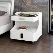 Многофункционална интелигентна нощна масичка – с безжично зареждане, LED осветление и Bluetooth високоговорител – БЯЛА