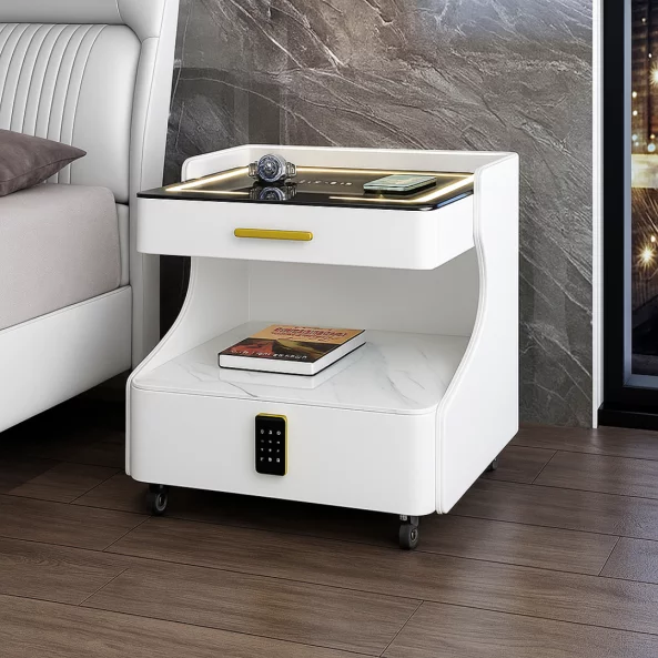 Многофункционална интелигентна нощна масичка – с безжично зареждане, LED осветление и Bluetooth високоговорител – БЯЛА