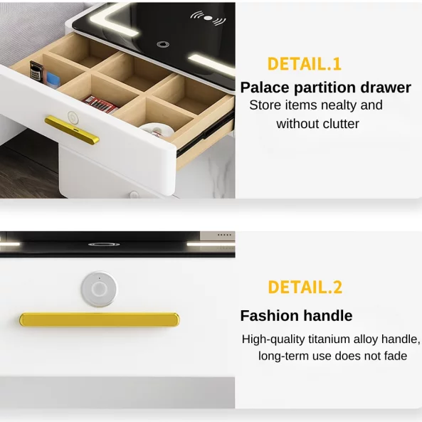 Многофункционална интелигентна нощна масичка – с безжично зареждане, LED осветление и Bluetooth високоговорител – БЯЛА