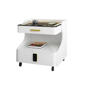 Многофункционална интелигентна нощна масичка – с безжично зареждане, LED осветление и Bluetooth високоговорител – БЯЛА