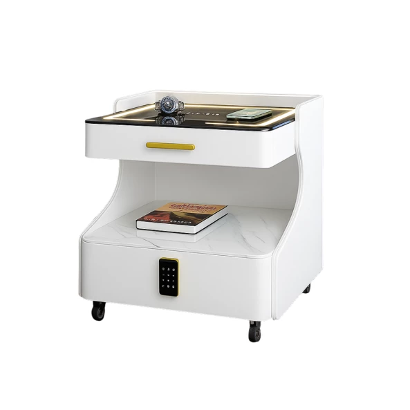 Многофункционална интелигентна нощна масичка – с безжично зареждане, LED осветление и Bluetooth високоговорител – БЯЛА