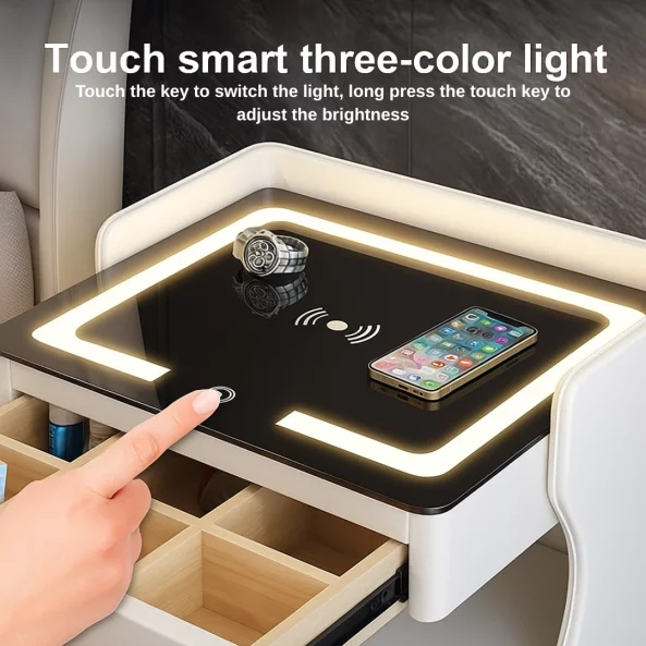 Многофункционална интелигентна нощна масичка – с безжично зареждане, LED осветление и Bluetooth високоговорител – БЯЛА