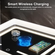 Многофункционална интелигентна нощна масичка – с безжично зареждане, LED осветление и Bluetooth високоговорител – БЯЛА