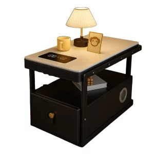 Интелигентно многофункционално нощно шкафче с безжично зареждане, Bluetooth колонка и чекмедже за съхранение – ЧЕРНО