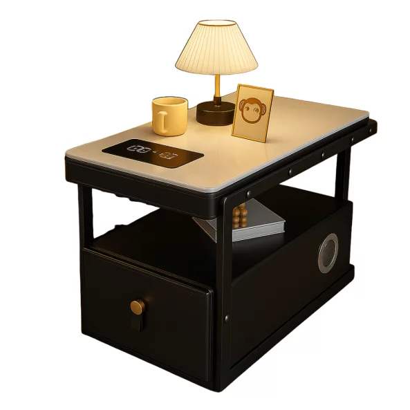 Интелигентно многофункционално нощно шкафче с безжично зареждане, Bluetooth колонка и чекмедже за съхранение – ЧЕРНО