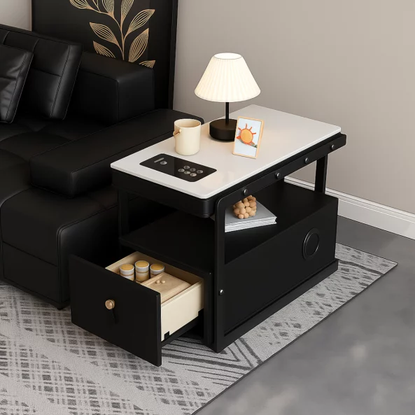 Интелигентно многофункционално нощно шкафче с безжично зареждане, Bluetooth колонка и чекмедже за съхранение – ЧЕРНО