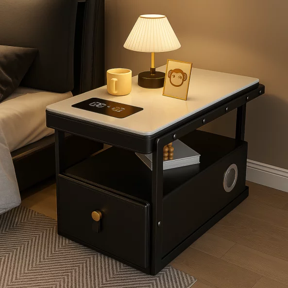 Интелигентно многофункционално нощно шкафче с безжично зареждане, Bluetooth колонка и чекмедже за съхранение – ЧЕРНО