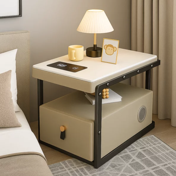 Интелигентно многофункционално нощно шкафче с безжично зареждане, Bluetooth колонка и чекмедже за съхранение – КАКИ