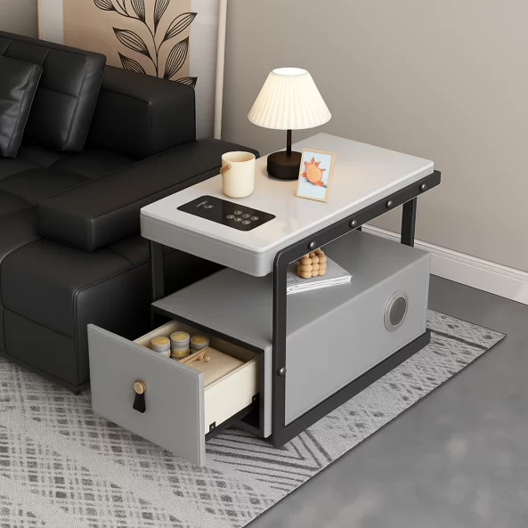 Интелигентно многофункционално нощно шкафче с безжично зареждане, Bluetooth колонка и чекмедже за съхранение – СВЕТЛОСИВО