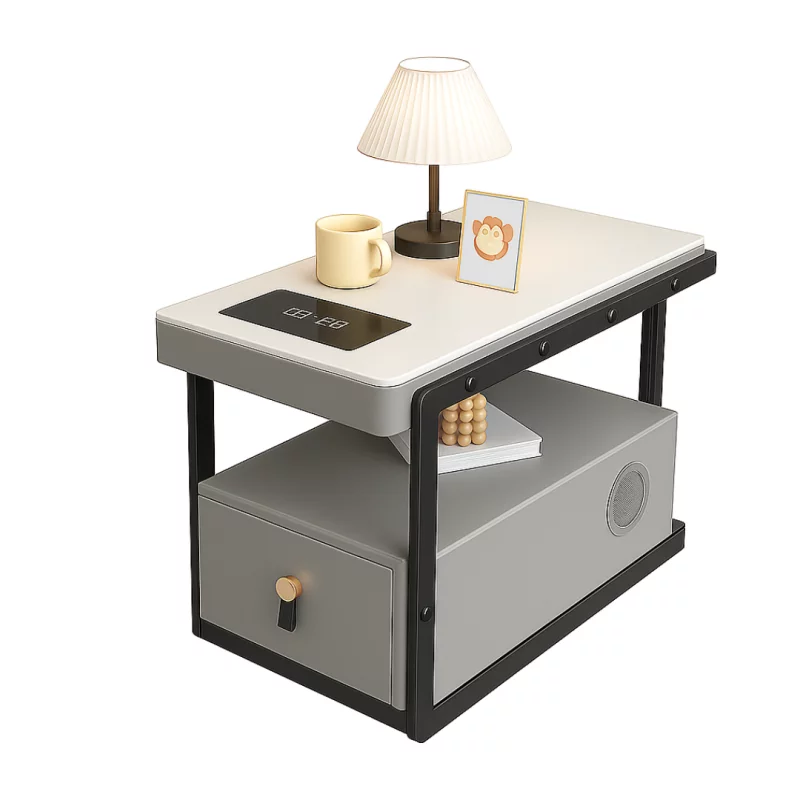 Noptieră multifuncțională inteligentă cu încărcare wireless, boxă Bluetooth și sertar de depozitare-LIGHT GRAY