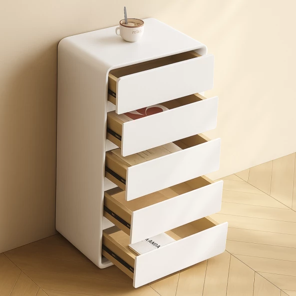 Скрин от MDF и PU кожа – 5 чекмеджета, 55x40x101 см - Бял