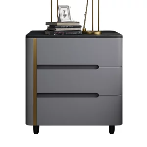 Сиво боядисано нощно шкафче от синтерован камък, дъбово дърво и метал – с 3 чекмеджета за съхранение