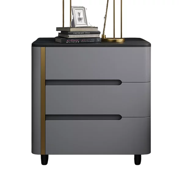 Сиво боядисано нощно шкафче от синтерован камък, дъбово дърво и метал – с 3 чекмеджета за съхранение