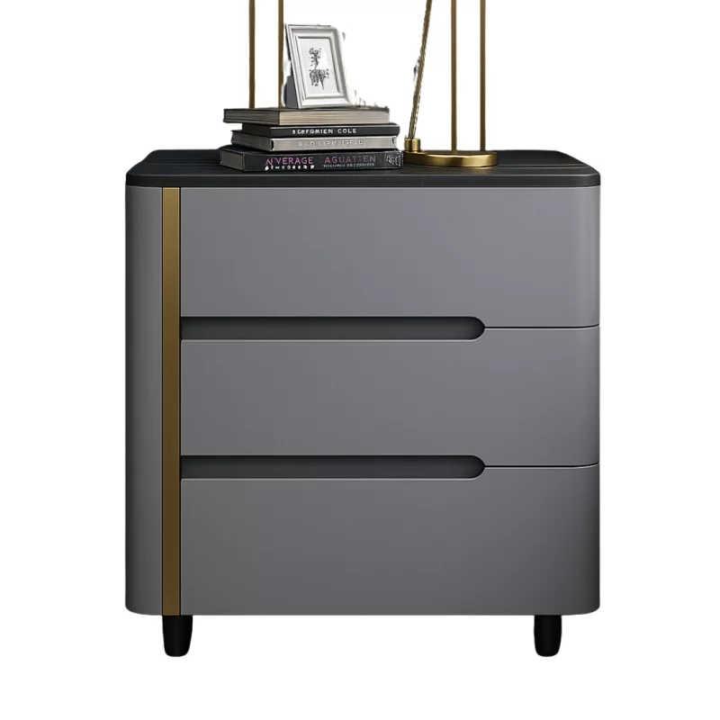 Noptieră vopsită din piatră sinterizată, lemn de stejar și metal – 3 sertare de depozitare-Gray