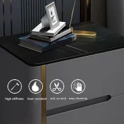 Сиво боядисано нощно шкафче от синтерован камък, дъбово дърво и метал – с 3 чекмеджета за съхранение