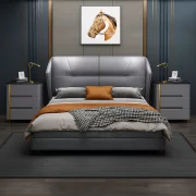 Сиво боядисано нощно шкафче от синтерован камък, дъбово дърво и метал – с 3 чекмеджета за съхранение