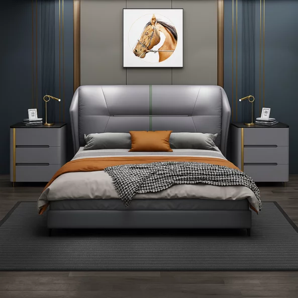 Сиво боядисано нощно шкафче от синтерован камък, дъбово дърво и метал – с 3 чекмеджета за съхранение