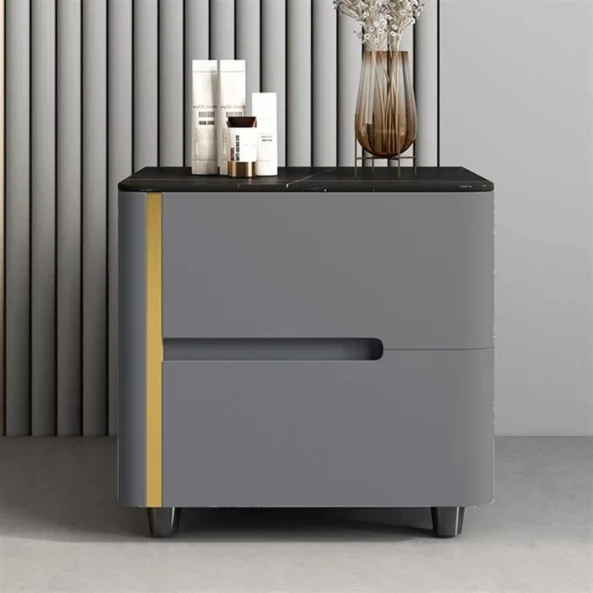 Боядисано нощно шкафче от синтерован камък, дъбово дърво и метал – Сиво