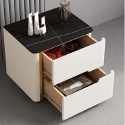 Боядисана нощно шкафче от синтерован камък, дъбово дърво и метал – БЯЛО