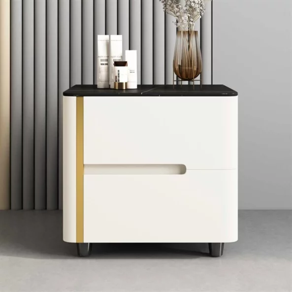 Боядисана нощно шкафче от синтерован камък, дъбово дърво и метал – БЯЛО