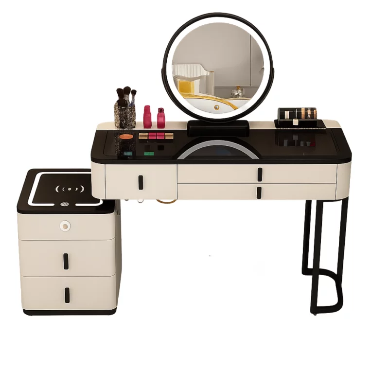 Măsuță de machiaj inteligentă  cu oglindă rotundă și blat din sticlă securizată – 100x40x120 cm