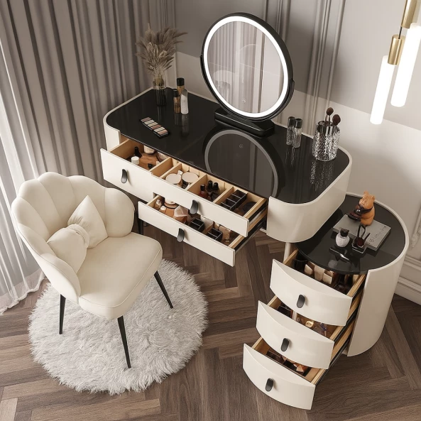 Елегантна тоалетка с кръгло огледало и плот от закалено стъкло – 100x40x120 см