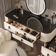 Елегантна тоалетка с кръгло огледало и плот от закалено стъкло – 100x40x120 см