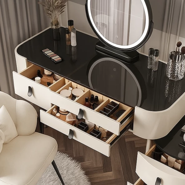 Елегантна тоалетка с кръгло огледало и плот от закалено стъкло – 100x40x120 см