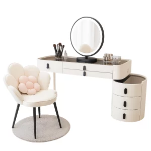 Елегантна тоалетка с кръгло огледало и плот от закалено стъкло – 100x40x120 см