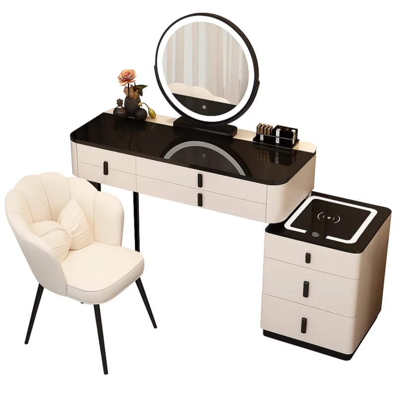 Măsuță de machiaj inteligentă – cu oglindă rotundă și blat din sticlă securizată 100x40x120cm