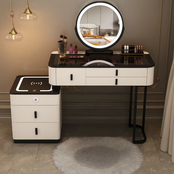 Интелигентна тоалетка с кръгло огледало и плот от закалено стъкло – 120x40x120 см