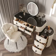 Елегантна тоалетка с кръгло огледало и плот от закалено стъкло – 120x40x120 см