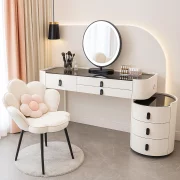 Елегантна тоалетка с кръгло огледало и плот от закалено стъкло – 120x40x120 см