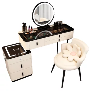 Интелигентна тоалетка с кръгло огледало и плот от закалено стъкло – 120x40x120 см