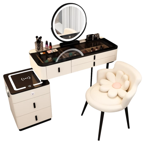 Интелигентна тоалетка с кръгло огледало и плот от закалено стъкло – 120x40x120 см