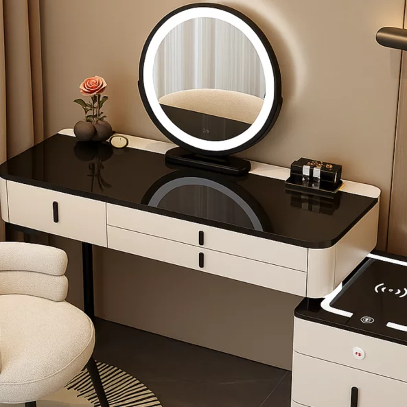 Интелигентна тоалетка – с кръгло огледало и плот от закалено стъкло, 120x40x120 см