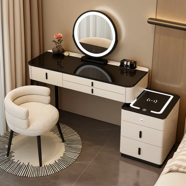 Интелигентна тоалетка – с кръгло огледало и плот от закалено стъкло, 120x40x120 см