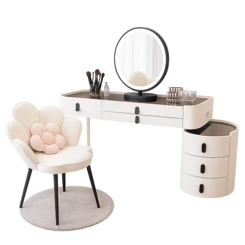 Măsuță de machiaj elegantă cu oglindă rotundă și blat din sticlă securizată –80x40x120 cm