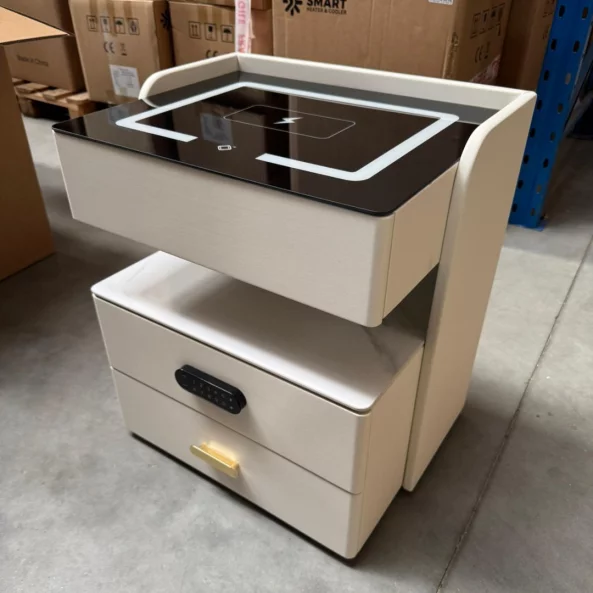 Mesita de noche inteligente con carga inalámbrica, iluminación LED, 3 cajones de almacenamiento, sensor de luz nocturna, altavoz Bluetooth y cerradura biométrica - blanco, diseño moderno de vidrio y madera